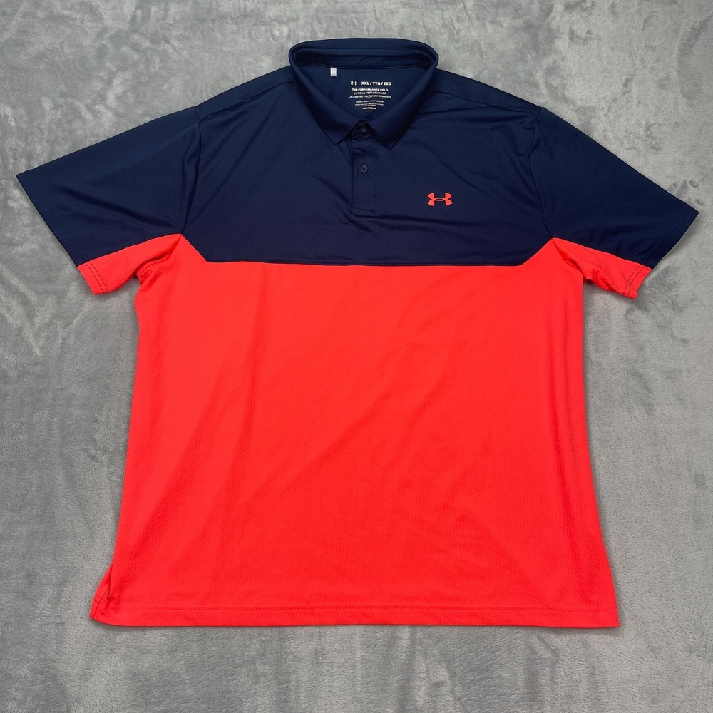 Under Armour The Performance Polo Shirt Mens 2XL Blue Orange Colorblock HeatGear
